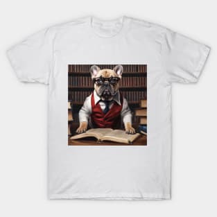 Chic French Bulldog: Hyperreal Red-Suit in Whimsical Library T-Shirt